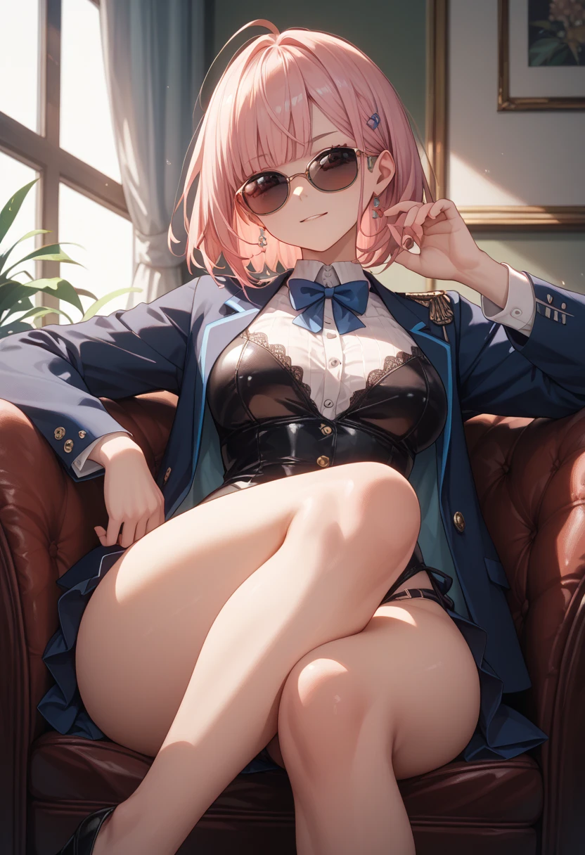 (Best Quality, 4K, 8K, hight resolution, masutepiece:1.2), Pink hair、bobhair、her breasts are beautiful and big。Spread your legs apart on a single chair and put your butt on the stand.。facing front。The most beautiful pubic area with hair is opened using hands。My clothes include my school tie and Y-shirt with a few buttons undone.。Lace pantie。