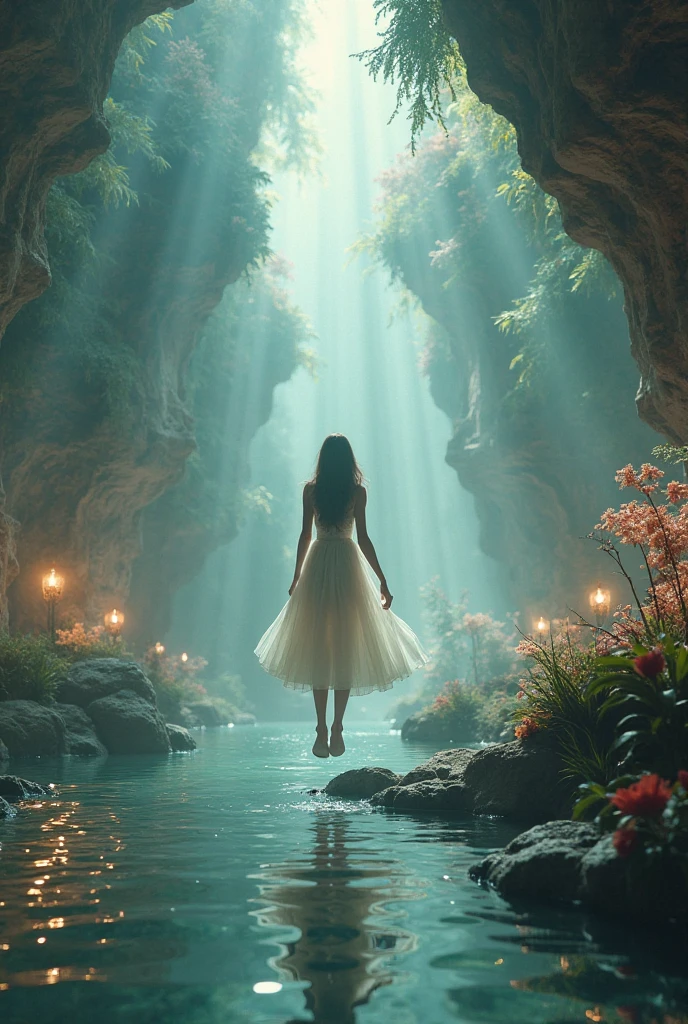 Within a dark cave with an opening at the top, zenithal lighting, bright plants gently illuminating the surroundings with a green hue, thick thighs, wide hips, mature female, (dramatic light:1.3), 
woman, hatsune miku, solo, dress, flower, long hair, white dress, twintails, very long hair, hol