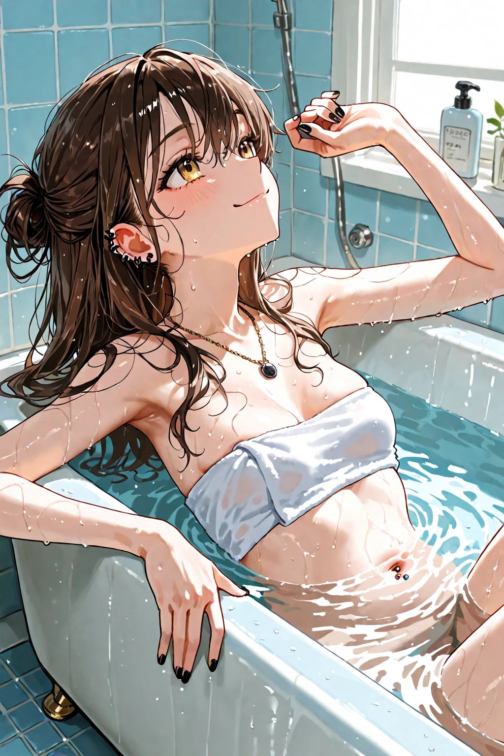 (I take a shower)、face down、fleeting expression、put your hand on the wall、(Morning light shining through the window)、profile。naked, close up face, girl,1 person, solo, 16 years old, Detailed beautiful face and eyes, Fashion Model, tall, thin legs, brown eyes, medium chest, (super short hair:1.2), (bangs:1.2), (brown pink hair:1.2), (Well-proportioned body:1.2), (dynamic angle:1.3) (masterpiece:1.2) , (Highest image quality:1.2) , (Super detailed:1.2), from below