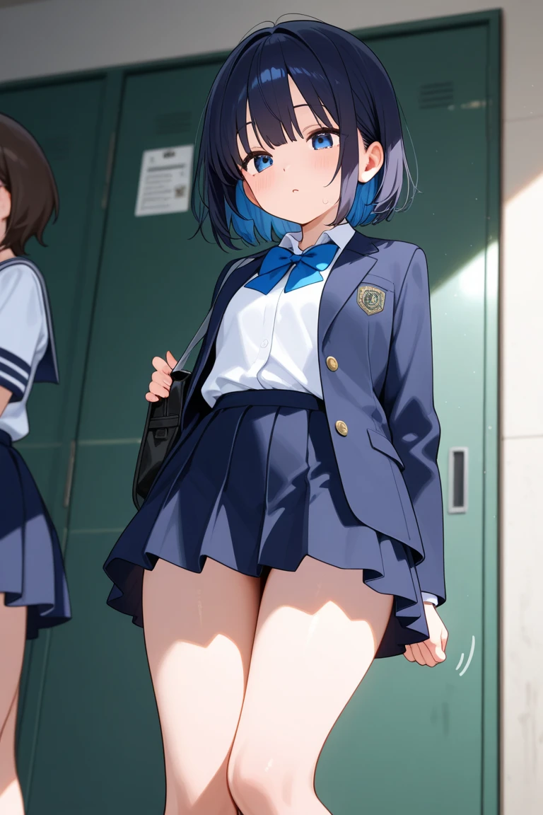 ((highest quality)), ((masterpiece)), (detailed), Perfect Face,School stairs,detailed eye,1woman,Earrings,White blouse,Blue Ribbon Tie,Grey mini pleated skirt,Pink Panties,skirt lift1.3,from below