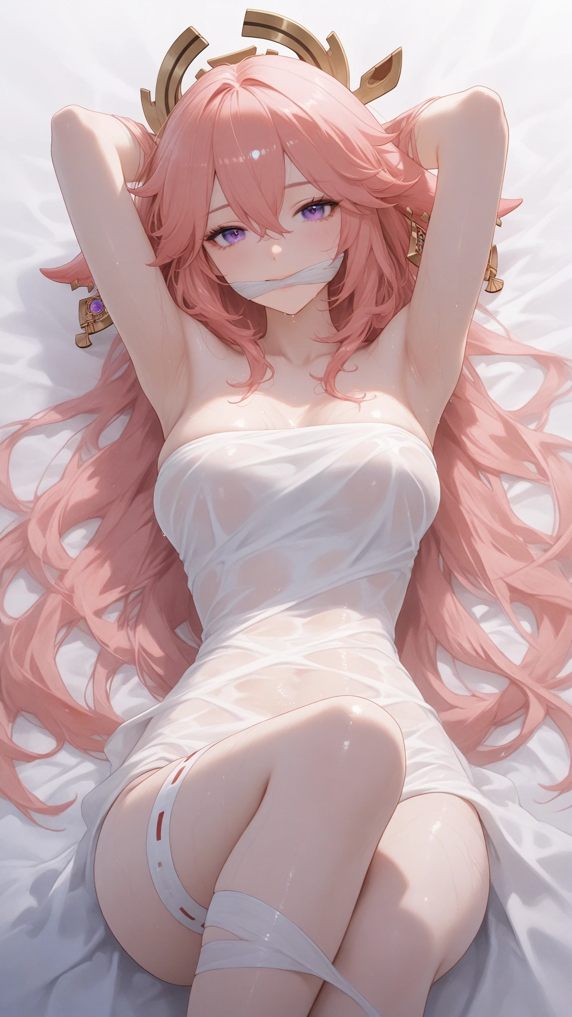 Surrealist girls,18-year-old girl,fox ear,Nine big furry tails,Pink Long Hair, no panties,The girl smiled,Bai Zhe's delicate skin,broad chest,Lie down in bed,Bare thighig pink eyes,no clothes, naked,