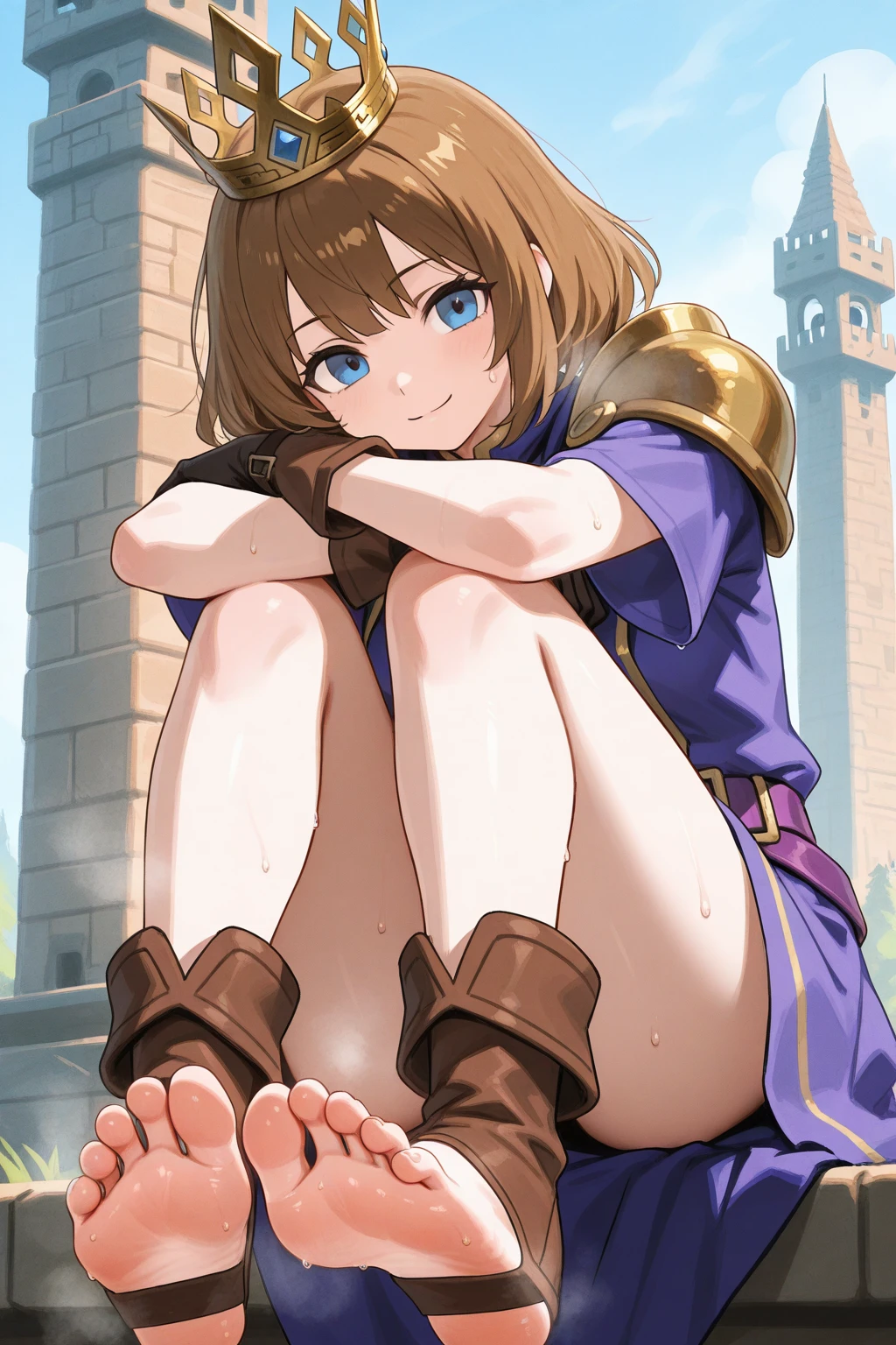 (miniature woman in front of the feet of a giantess: 1.1), (a miniature woman in front of a giantess), (a giantess in front of a gate), closeup breasts and face, (from below view: 1.2), (medium sized breasts) cleavage, (girl with brown eyes short brown hair and tan skin), (elven clothes sword), (medieval fantasy: 1.1), nipples, (fantasy outside: 1.1), (very low angle perspective: 1.2), (foot), barefoot, fields, sitting on ground, plains, big messy hair