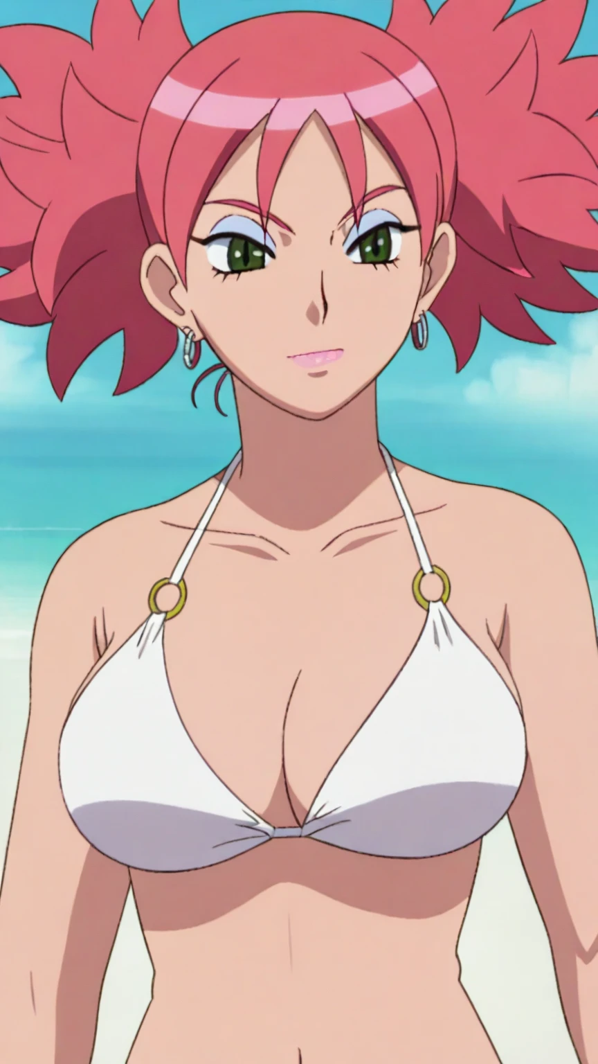 masterpiece, best quality, absurdres, 1girl, solo, AriesFairyTail, wool hair, medium hair, sheep horns, pink eyes, shy, blush, looking at the viewer, blue theme, blue background, cloudy sky, sunlight, sweat, orgasmic, bikini swimsuit, large breasts, cleavage, belly button exposed, collarbone, thighs, sea and beach,