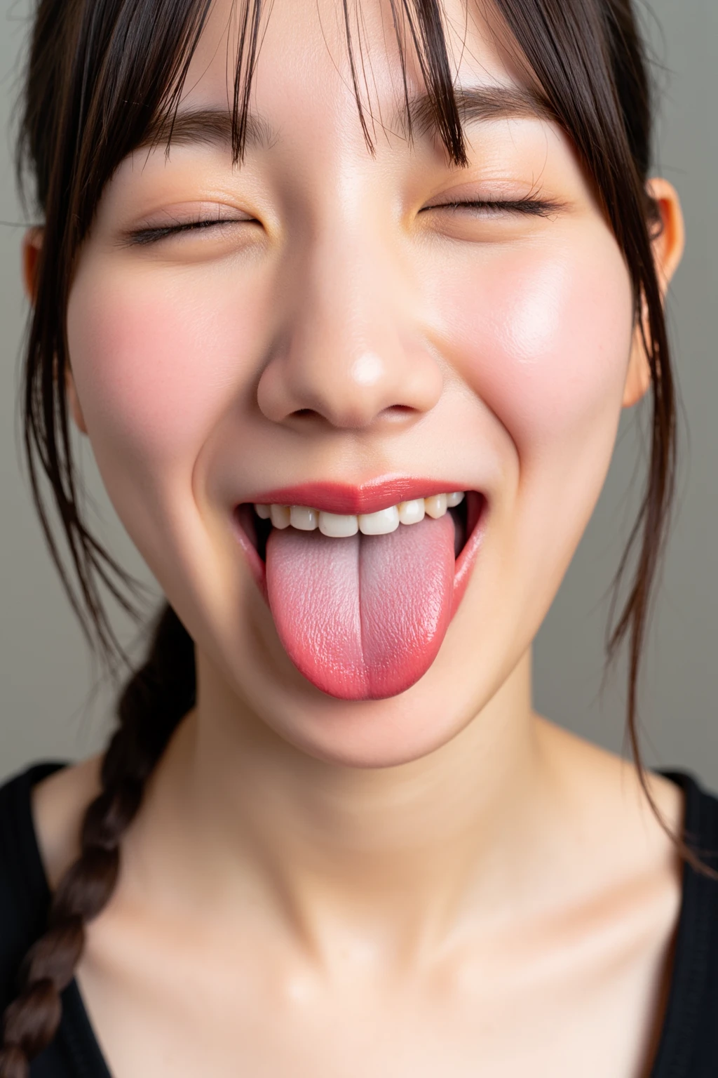 (Tabletop、highest quality、8k、Award-winning works、Ultra-high resolution)、One Woman、(Face close-up:1.3)、(Open your mouth and extend your tongue:1.1)、(Perfect beautiful tongue:1.1)、Perfect beautiful lips、smile、(Pure white background:1.2)、(nude:1.1)
