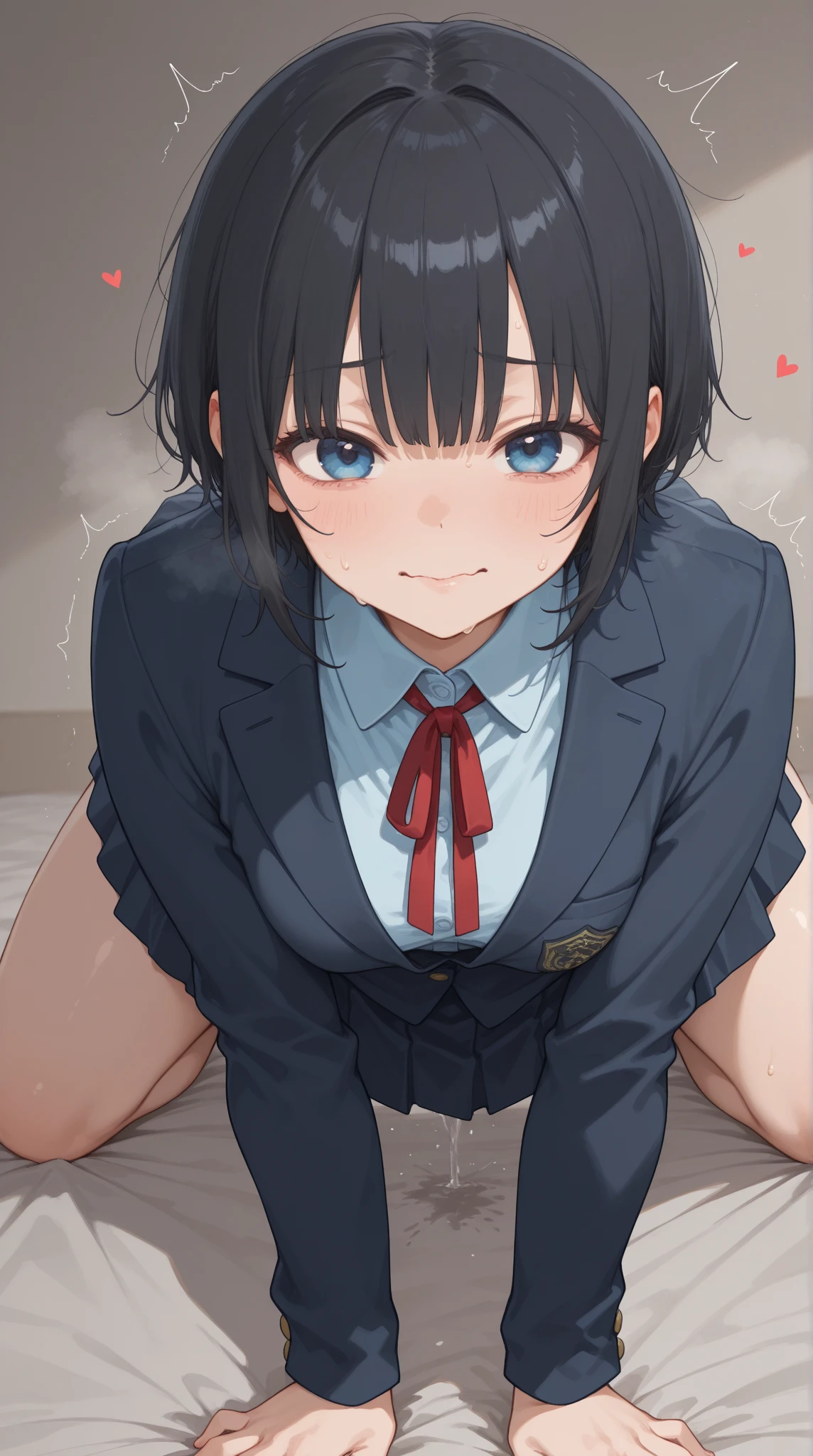 one girl, black hair, short hair, blue eyes, high school student, school blazer, naive, slender, necktie, foggy, aphrodisiac, open mouth, drool, cute, nsfw, small breasts, cowboy shot