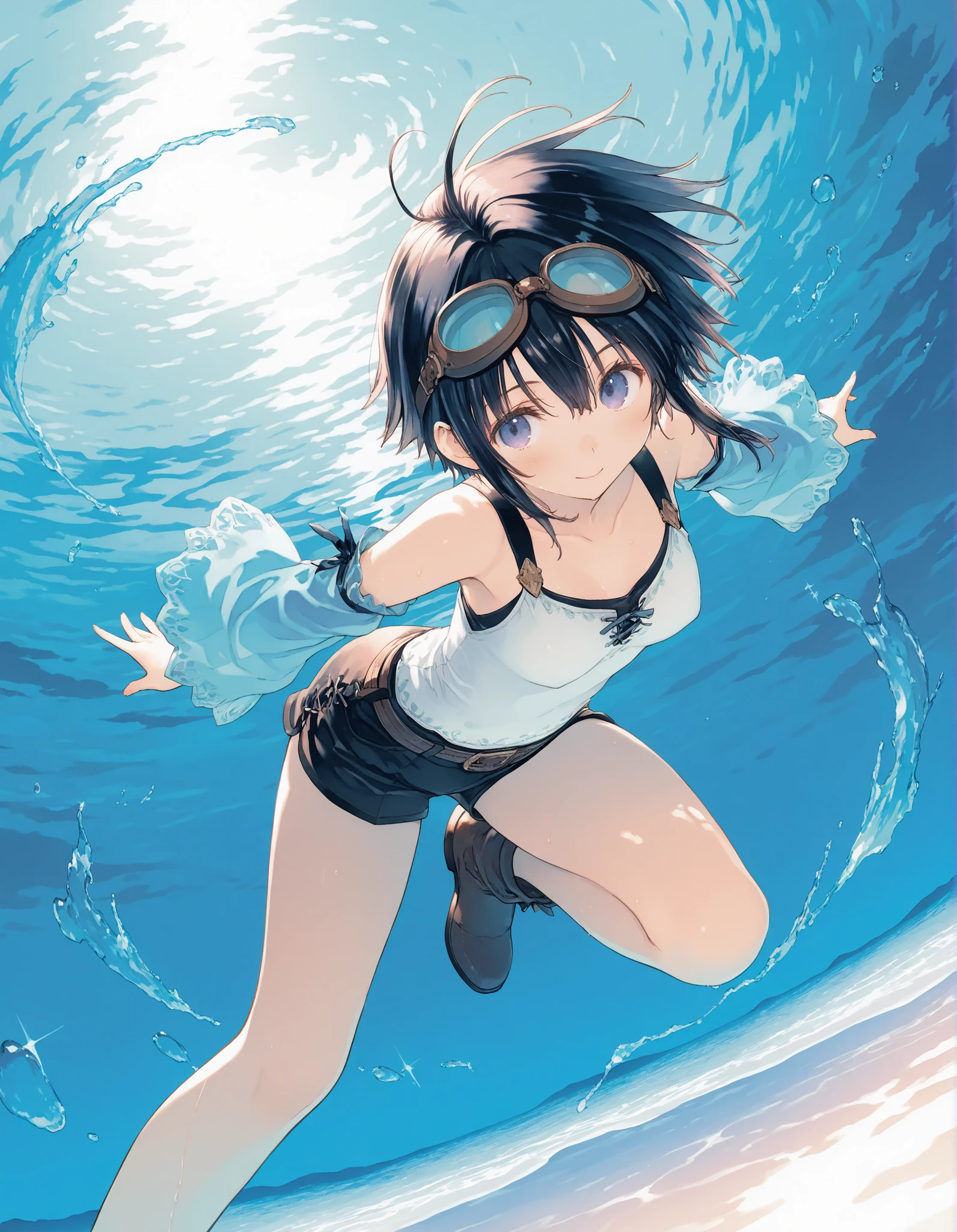 anime visual, masterpiece, best quality, outdoor, day time, underwater, ultra clear water, bubble, deep sea, school of fish, cleavage,
BREAK, ((solo, 1girls, woman, brown hair, blue hair, short hair, wave hair, multicolored hair, swept bangs, muscular, smile, red bikini, bare arms, bare legs, bare foot, pale skin, full body shot, staring, face focus, )) front viewer, looking at another, swimming, from below, cinematic angle,