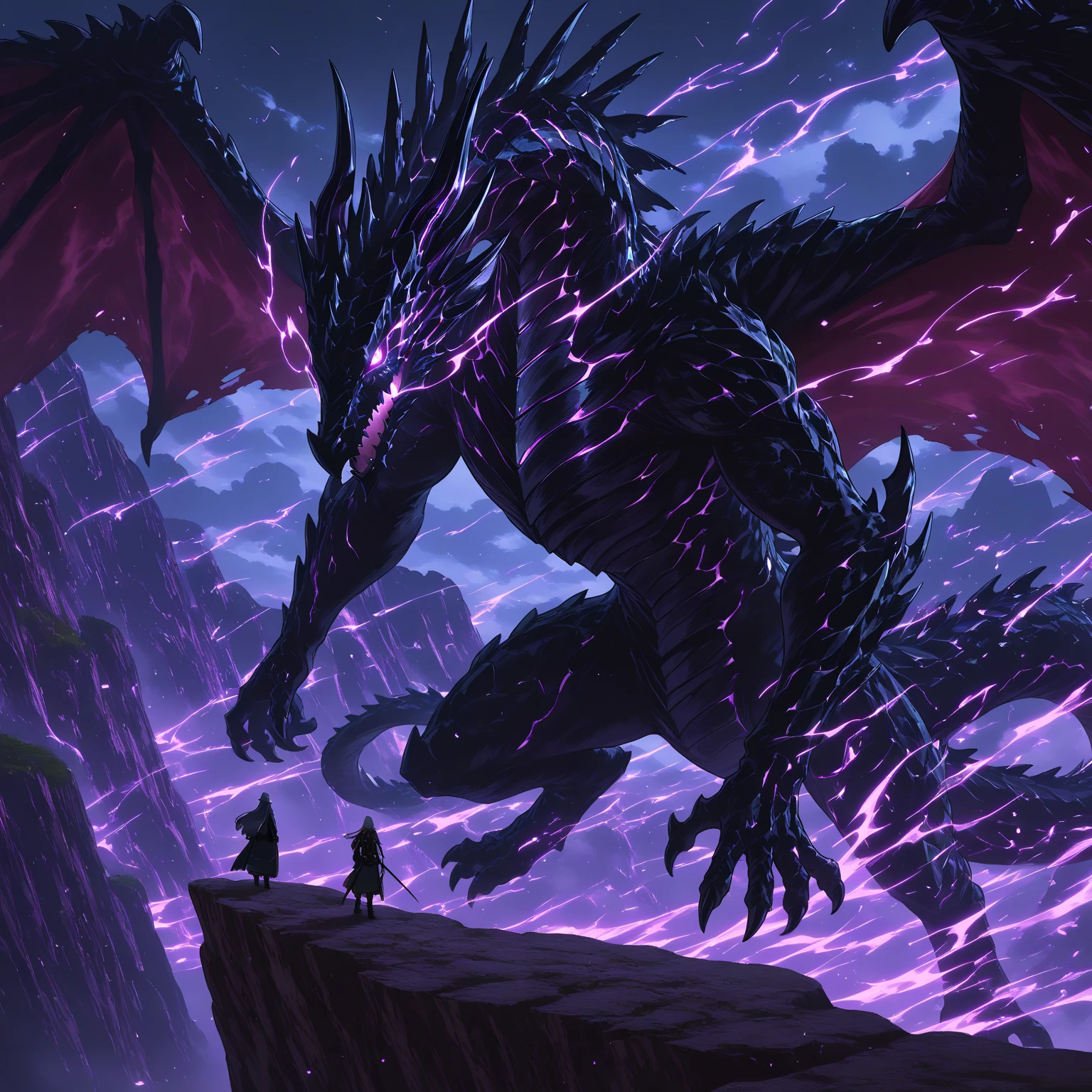 anime aestetics, anime scenery, mythical creature, a storm dragon flying close to the stormclouds, dark blue scales, violet skin, long curvy horns, electric impulses covering the body, epic scene, thunder storm, skyscape, anatomicaly correct, western dragon, dnd, dark fantasy, dungeons and dragons, wide shot, atmospheric perspective, perspective, best quality, highres, HD, 4K, award winning, super detail, accurate, masterpiece, anatomically correct, textured skin