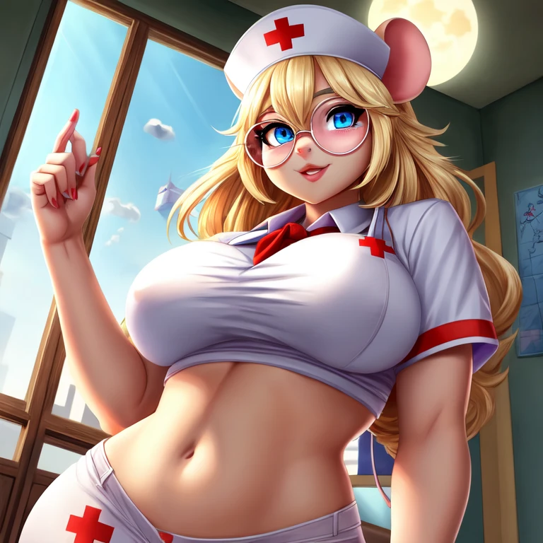 Busty Blonde high school nurse mouse girl, half-moon glasses, ((best quality)), ((masterpiece)), (detailed), perfect face, blue eyes, big breasts, midriff