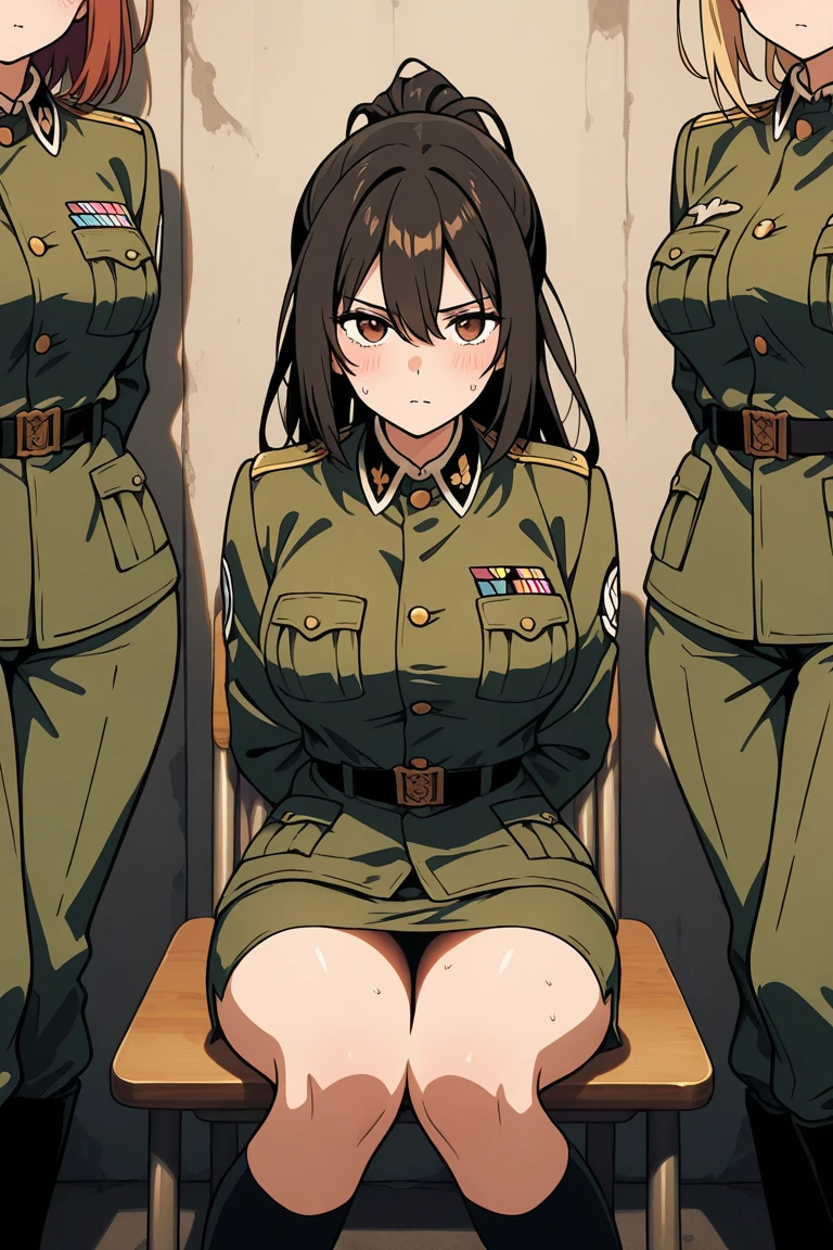 One Woman、A large number of people、Beauty、uniform、intimidating face、Squat down with your legs wide open、military base、Female Officer、crowd、緑のuniform、Face sitting torture、beret、Tight Skirt、Military personnel、30 years old、Looking down at the viewer, long hair、Bangs, Highest quality, Focus on the thighs, smile,panties、Plump thighs、Big Ass、Big 、 Black Hair,My thighs are steaming between the legs 、ムレムレのKnee-high socks、Knee-high socks、Angle from directly below、Holding a whip、crowdを誘惑する、Acme convulsions、Obscene sound effects、Naughty sound effects