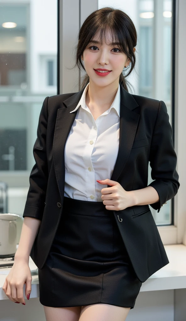 Woman in a suit standing on the sidewalk,((23-year-old woman))、small Breasts、Dark brown hair color、Hairstyle with bangs、Various hairstyles、Hairstyles of different lengths、(8k, RAW Photos, highest quality, Tabletop: 1.2),、(Realistic, Realistic: 1.3), Cityscape, Day, Sunny Morning, Professional Lighting, Photon Mapping, shirt, (Woman in a suit,) Silk Suit、Pencil Skirt、Tight Skirt、((Delicate photo)),(Detailed RAW Photos of Girls), (Tabletop:1.25), (highest quality:1.6), (超A high resolution:1.5), (Realistic:1.75), 8k resolution, Canon EOS R5, 50mm, absurdes, Ultra-detailed,Cinema Lighting, (Skirt Lift:1.5)、nsfw、the wind is strong、smile、Skirt flipped up、sexy white panties,
