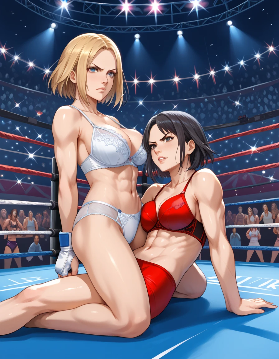 Womens wrestling , sweaty bodies, European face 
