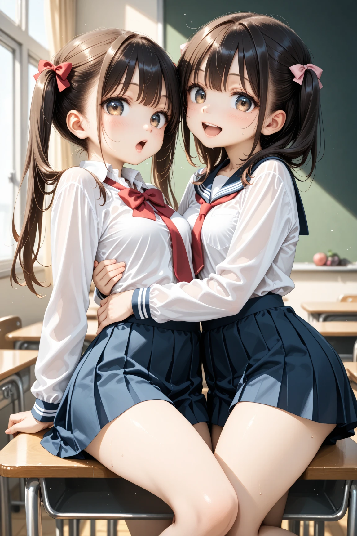 best quality,((2little girl:1.3)),((twins:1.3)),((loli,10 years old:1.5)),((big breasts:1.3)),((Tree Eyes,orgasm,blush,sweat,steam:1.3)), (brown eyes:1.5),((black hair, long hair, two side up:1.3)),((red skirt, mini skirt,white tank top,lift skirt,upskirt,white panties,lace panties:1.3)),thighhighs,pussy juice,see through,classroom,erect nipples