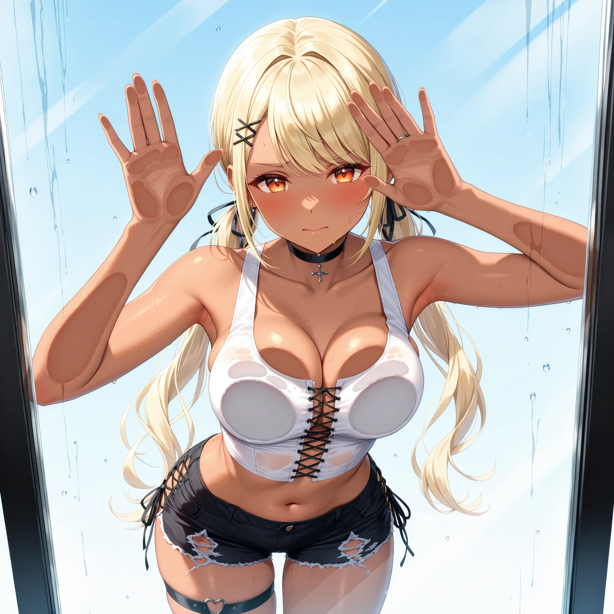 8K, 4k, highest quality, High resolution: 1.2), (masterful, realistic, Photoreal: 1.4), two women, beautiful face, she is crying、Shining Lipin Eyes, beholder, Fair skin, white skin: 1.5), Fine complexion, big, big, blonde hair color、bangs, , young, s asack-view、big ass、super breasts、H cup、lower hair、wearing a maid headband、Rear view、exposed nipples、T-back that digs into your butt、thong lingerie、wear a pink thong、pink lingerie、emphasize the buttocks、pink calvin klein thong、elf long ears、cute hairstyle、Wearing headphones