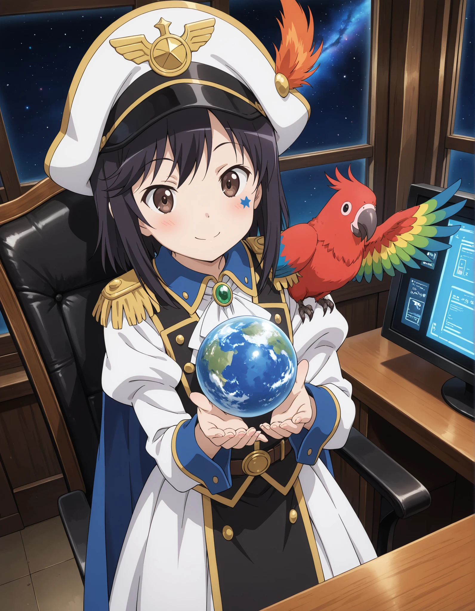 (score_9 up, Source_anime, Masterpiece , Top Quality, Young face、Young Body, Petite , Shiny Hair , shiny skin, (8K:1.3), super high resolution:1.3, Super Detailed:1.3, detailed body, detailed face), ((detailed) , perspective), (1girl), (Non Non Biyori\, hotaru ichijyou\ Ichijo Hotaru\ dark haired:1.3, Petite, (Space Pirates)(cosplay) white tone), Big parrot on shoulder:1.1, holding the earth, big star makeup on one eye:1.1, captain hat, medieval aristocrat style clothing),(Smile Yan), (standing, covering the eyes), (spaceship captain's room luxury chair, luxury desk, futuristic communication equipment monitor, large space outside the window), (dynamic angle in a dirty basement),(Parrot focus),(Detailed parrot)