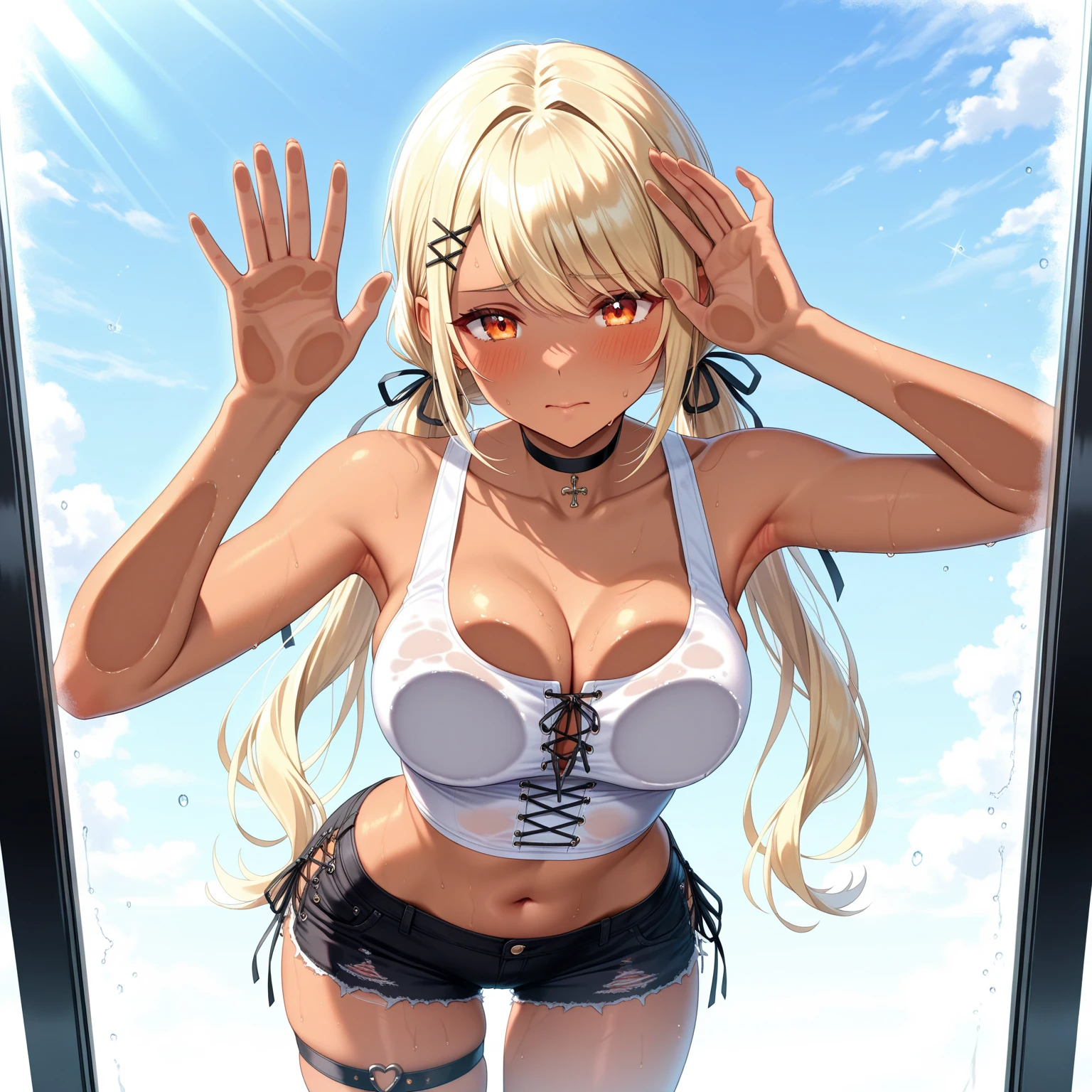 nsfw:1.4, Top quality, masterpiece, ultra high resolution, , (top quality, high resolution, 4K, detailed lighting, shaders, perfect anatomy, perfect proportions), eye of the beholder, (masterpiece, top quality) (top quality, 4K, 8K, high resolution, masterpiece: 1.2), highly detailed, (masterpiece: 1.3, top quality, ultra high resolution, ultra detailed), (top quality: 1.2), perfect eyes, perfect face, perfect lighting, (top quality, 4K, 8K, high resolution, masterpiece: 1.2), highly detailed, (top quality, 4K, 8K, high resolution, masterpiece: 1.5), highly detailed, masterpiece, top quality, ultra detailed, top quality, high resolution, 32K CG, very delicate and beautiful, illustration, high resolution, sharp focus, front lighting, glow, girl 1 person, solo, smiling, very beautiful and detailed anime face, very detailed eyes, ((masterpiece)), ((best quality)), (super detailed), ((cute)), cute, ((very detailed)), 4K, (8K), best quality, (best quality, 8K, 32k, masterpiece, super high resolution, very detailed, impressionistic:1.2), blurred background, four fingers and 1 thumb, Best quality ,
Midnight. A breathtakingly beautiful Milky Way. A girl alone on the beach. Water's edge. Calm, still sea. Dim lighting. ((Relaxed)). (((Blonde))). Ponytail with a red ribbon. Beautiful blue-green eyes. Pink lips. (Big boobs). Full breasts. Well-developed breasts. Well-shaped breasts. Slim waist. Perfect proportions. Slender body. Well-proportioned body. Small pink nipples. Hair in a bun. Wet hair. White bikini. (((Topless))). No bikini top. Smiling. Eyes wide open. Mouth open in surprise. Face looking straight up. Moved by the beautiful sky. Blushing face. White choker. Earrings. Necklace. Bracelet. Chain waist ornament. Anklet. Barefoot. (Upper body). From directly below. Profile.