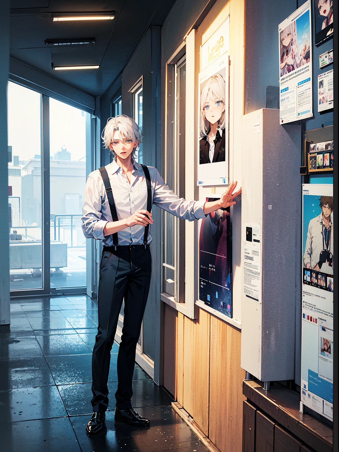 A woman is standing next to a young gojo satoru with sharp white hair stood up, round black glasses and wearing blue shirt