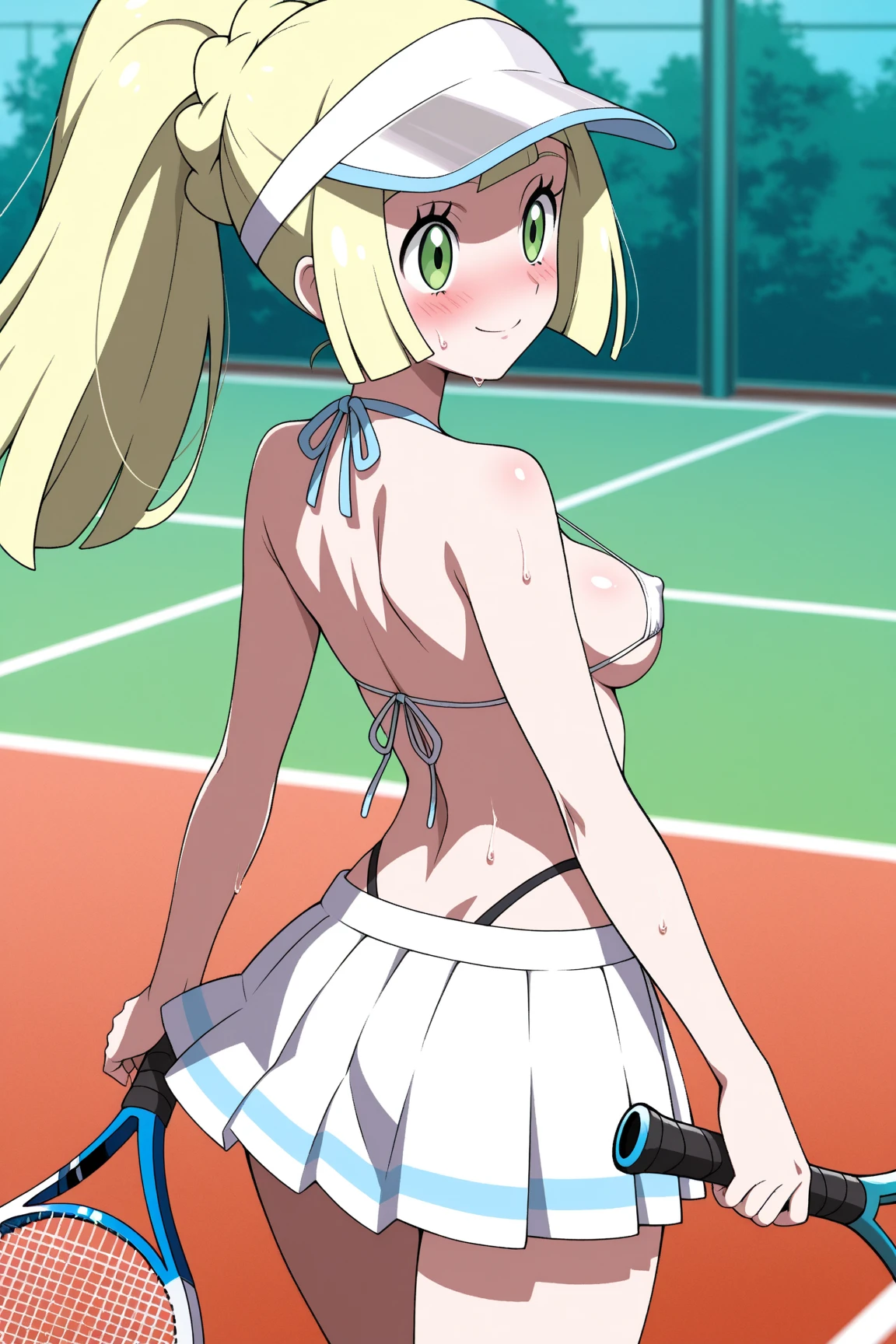 tennis girl's massive nipples out of topless vest out bare and wet pants spreading her legs, gloved hands hidden behind head, blindfold