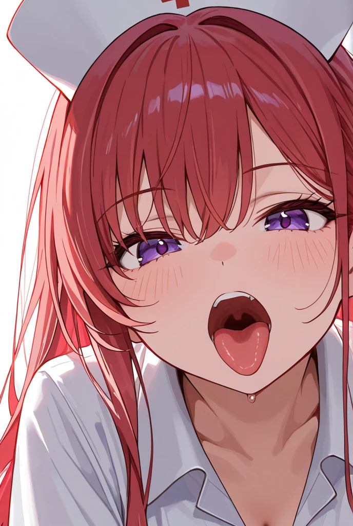 (1girl, reisen udongein inaba, Touhou, purple hair), beautiful detailed eyes, red eyes, half-closed eyes, (opened big mouth, licking, Sticky tongue), nsfw, (close-up mouth), (curvy, Slender),(cleavage), from above, Highest quality, Super detailed, masterpiece, Ultra-high resolution, 8k, Embarrassing, blush, Lovely, (With tears in my eyes), Sticky saliva