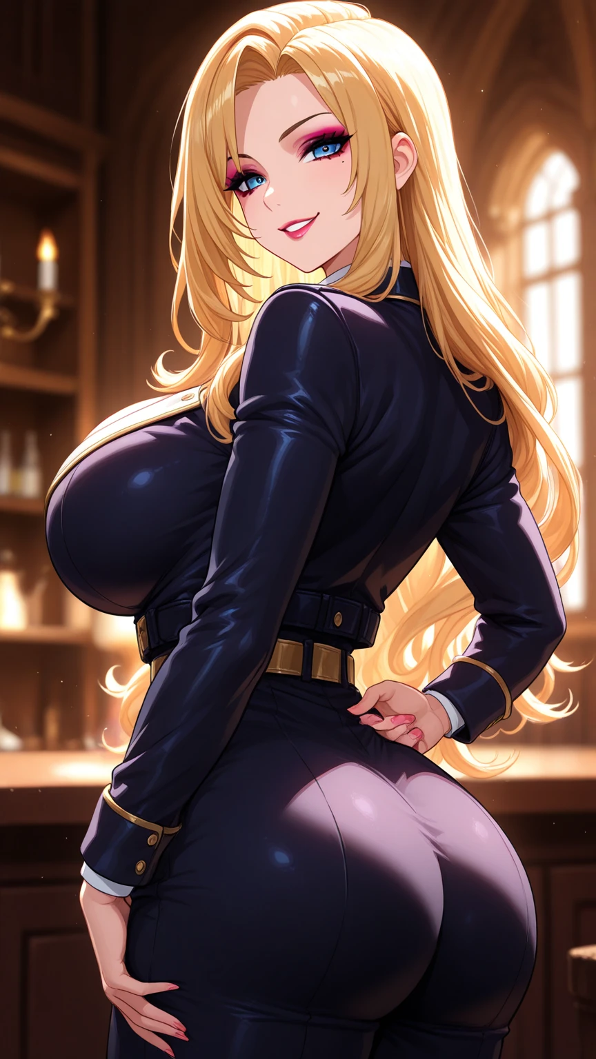 long blonde hair, colored skin, brown skin, blue eyes, solo, smiling, standing, upper body, hips, gigantic breasts, black clothes, cleavage