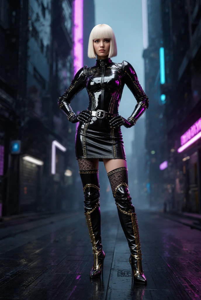 (pointy ears: 1.8), full body view, hyperrealism, female drow in extreme sexy cyberpunk style black leather secretary dress, Silver Chrome Metal Square Rectangular eyeglasses, pointed ears