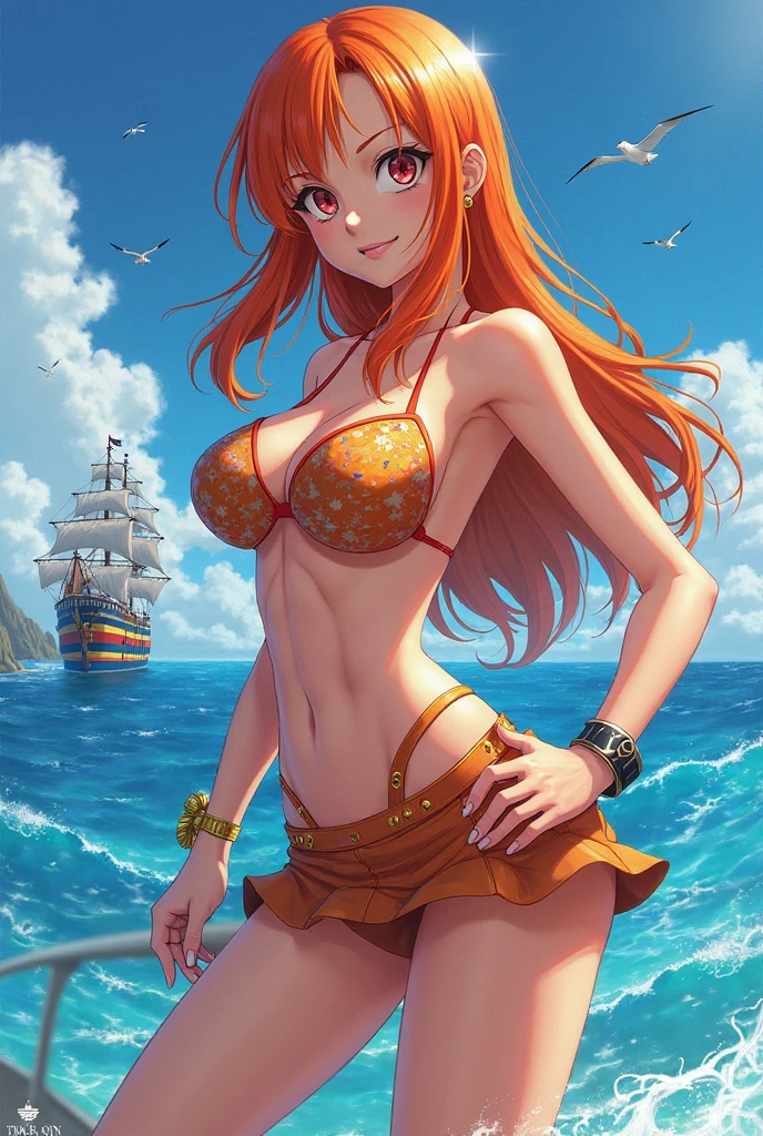 sunsethuman, female, two tones of hair, red and yellow hair, running in a bikini through the surf, wet body, beach, smiling, open mouth, waves in the background