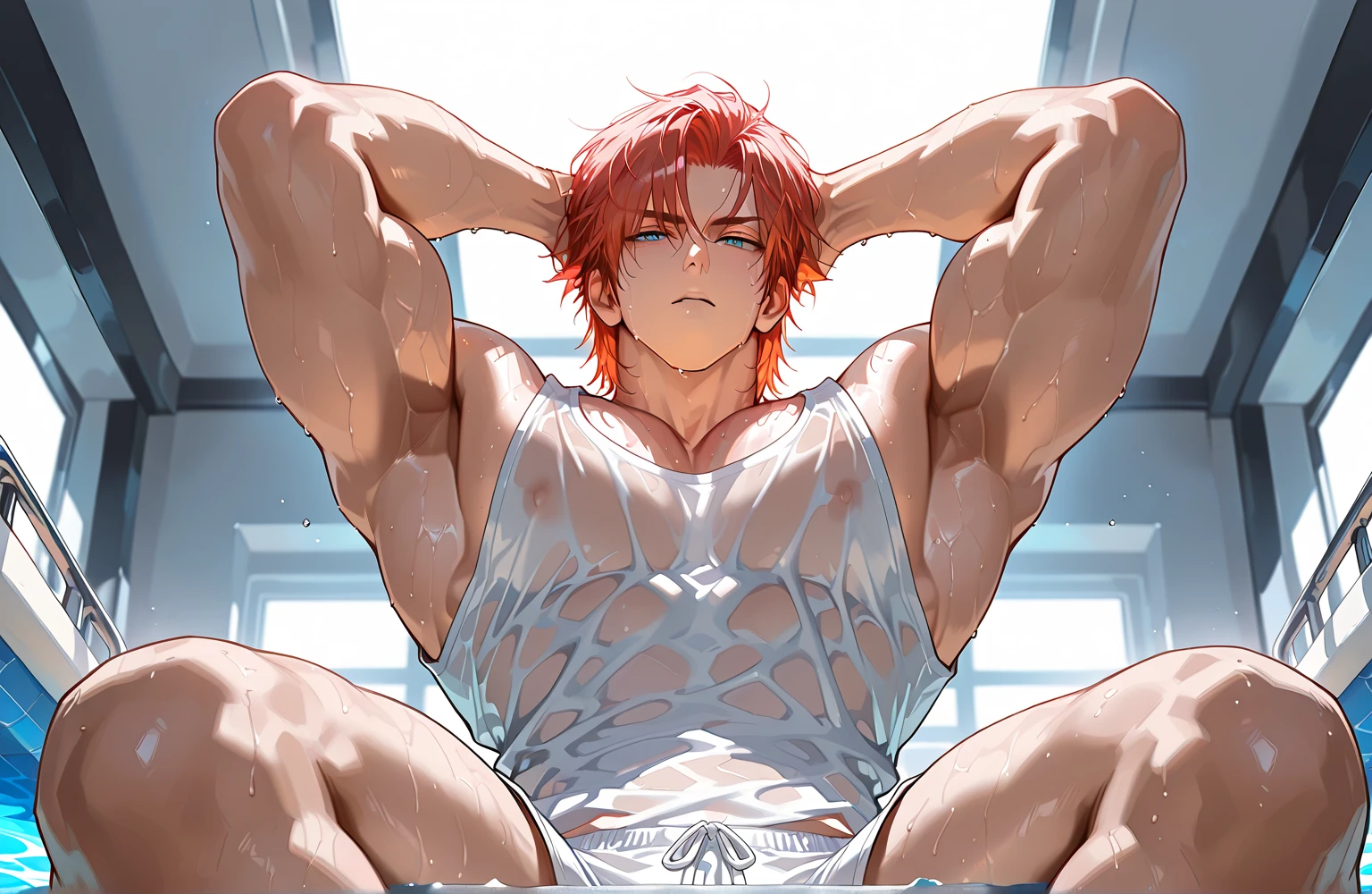 masterpiece, best quality red eyes, game cg, 1boy adult man, rugged adult face, solo, male focus, looking at viewer, upper body, Natsu Dragneel natsu_dragneel, pink hair, red eyes, shirtless naked, toned muscle, pectorals, 8 abs, toned legs, ((naked flaccid and )), slightly bulged, bathroom shower, detailed, dynamic lighting, well lit, ((wet body))