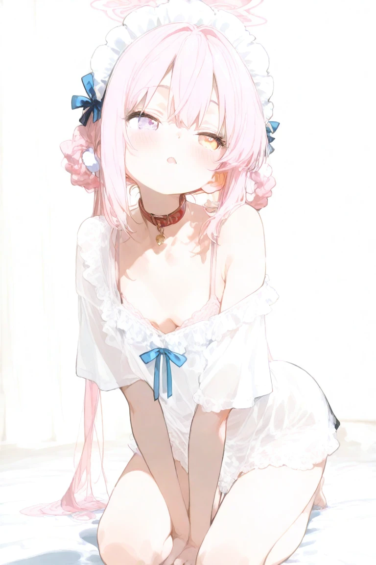 (Highest quality), (masterpiece), 1080P, High resolution, 4K, 8K, ((body cream)), Thighs, Hips, Shooting from below, Look down, Embarrassing, ((Maid clothes)), classroom, chest in hand, Shoulder Bare, throw, chest blowjob, between chest, paizuri, chest, Breast compression, Open your mouth, Fang teeth, Panic face, Exposing the nipples, Frills, ((string)), Frillsビキニ, small chest, pink blonde hair, pink blonde hair, Twin tails, Both sides up, Thigh-high socks, 18-year-old, flip flops, strap, Waist button, smile