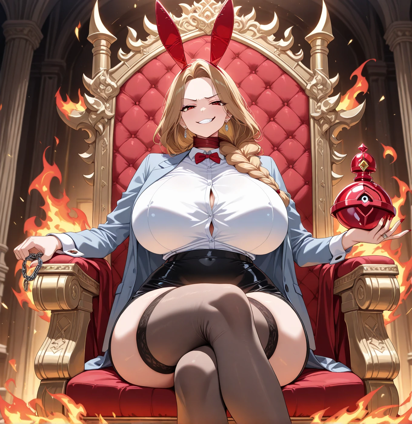 Anime illustration、Fantasy、highest quality、Luxury Casino、dealer、Mordred、Flirt with a man、Voluptuous Bunny Girl、Perfect proportions、overwhelmingly big breasts、Very thick legs、Beautiful, shining eyes、Blushed、smile、Cowboy Shot