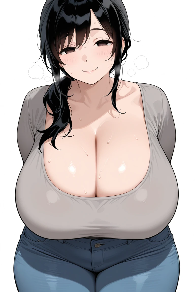 Anime Girls, (masterpiece, highest quality, 8K ultra-high resolution:1.4), beautiful detailed eyes, ultra-detailed, cowboy shot
1girl. solo, mature, adult, milf, facing viewer,
looking at viewer,
smile, horny, sweat, nervous, 
((constriction less, Dim body)), curvy, completed nude,large breasts, gigantic breasts, sagging breasts, Huge areola, Huge nipples, pussy line, big butts, thick thighs,
grey background, simple background, 