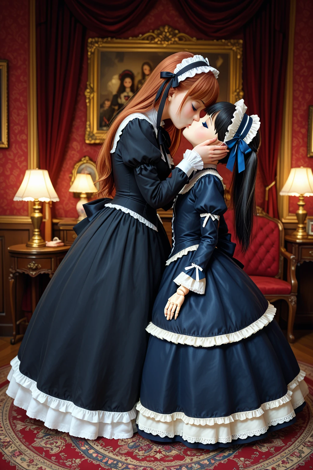 (absurd, high resolution, ultra-detailed), (absurd, high definition, ultra-detailed), 2girl, two maids in love with each other, lesbians, lesbian couples, maid clothes in ankle-length dresses, long sleeves and high collars, black and white, skirts were wide and ruffled, but there are lace details and ribbons on the blouse. In addition, they wear a dress on their head and a white ????? over a hat. (One female voice is in her underwear: