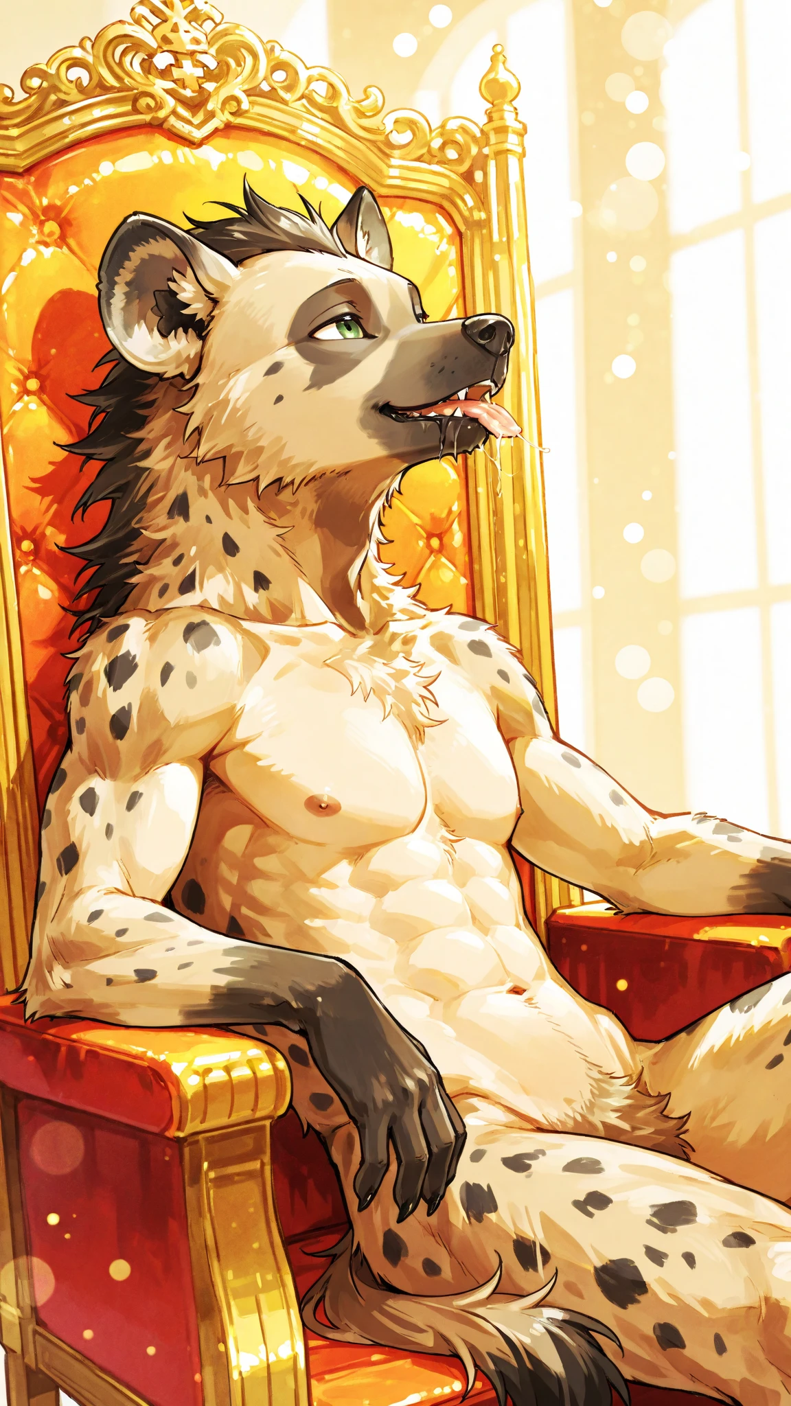 Single, leopard head, leopard tail, male, muscular, sexy, yellow ears, yellow hair, fur on arms, fur on legs, covered with fur, white panties, black socks, red collar, Face to face, sticking out your tongue, sitting on the ground,