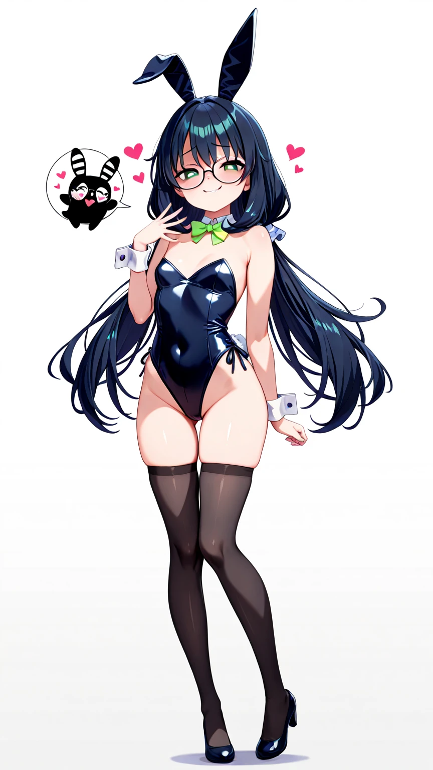 best quality, masterpiece, highres, solo, {ooyodo_kantaicollection:1.15}, black_hair, long_hair, glasses, hairband, semi-rimless_eyewear, under-rim_eyewear, blue_eyes, green_eyes, small_breasts, 1girl, looking_at_viewer, necktie, harbor_background, red_necktie,angry,smile,Proudly,(bunny_suits:1.5),bunny_ears,thighs,fishnet_pantyhose,cuffs,