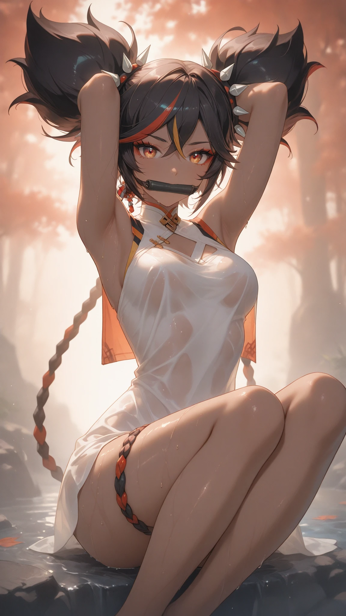 solo, 1girl, (masterpiece), ((16 year old appearance)), short hair, ahoje, mohalk hair, small breasts, yellow eyes, ((detailed eyes)), (athletic body), (simple black cropped), Black top with red details, Looking at the screen, orange lipstick, visible abs, small mini skirt, navel, (collarbone), (dark forest scenery background)