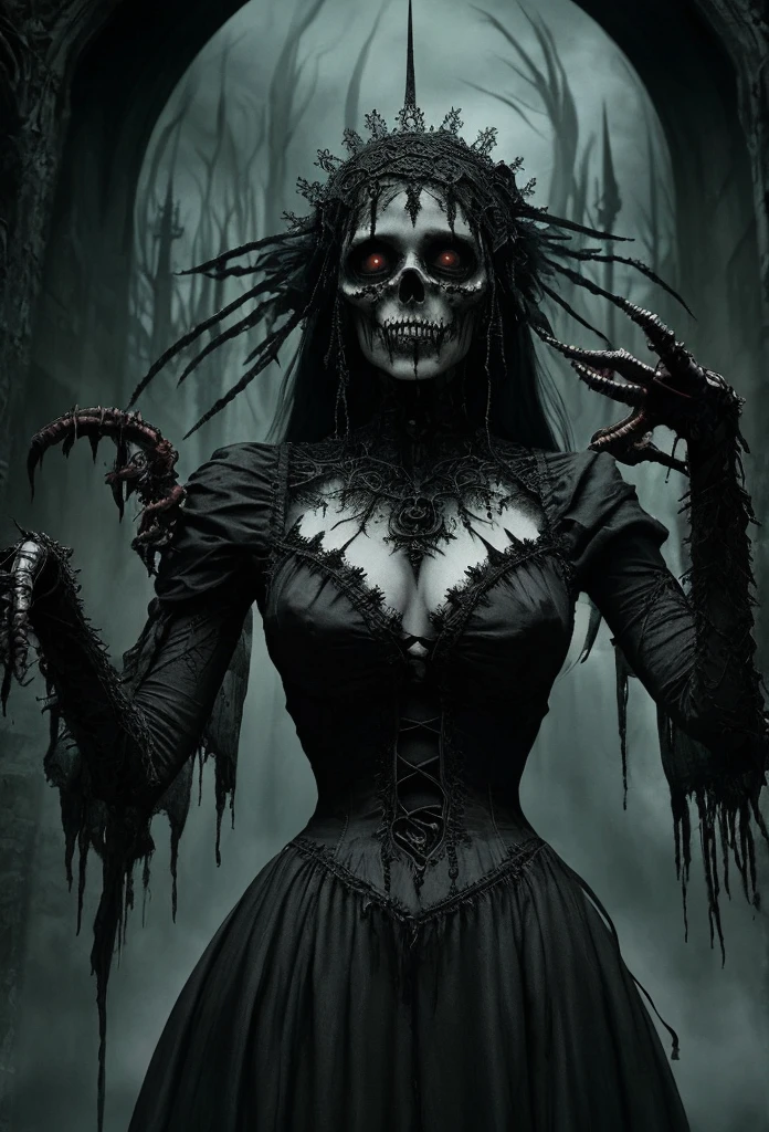 solo, spooky, decayed zombie woman, (glowing:0.7) yellow eyes, vivid colors, white pale skin, Messy and unwashed grey hair, sores on the body, halfskull face, in action, (evil:1.4), (crazy look), (laugh), extends a hand to the viewer, purple arteries, dressed in a magical corset with shining runes, magical effects, ultra detailed fantasy cemetery environment,