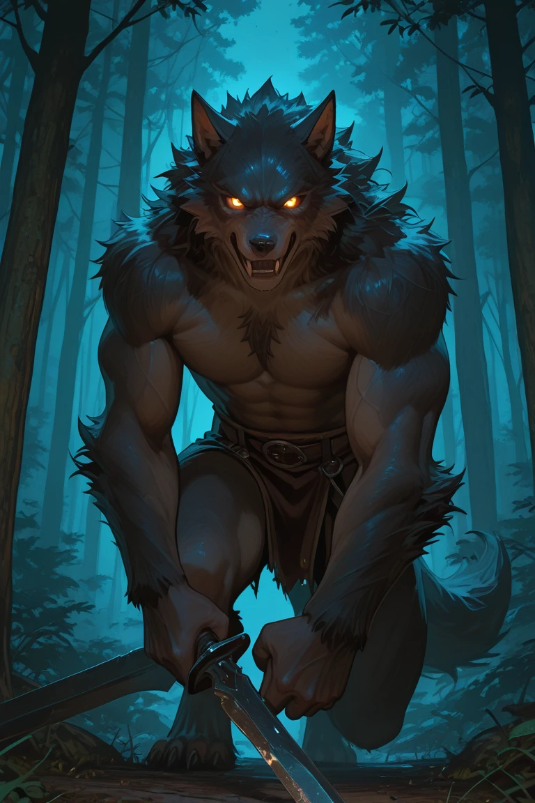 (by taran fiddler, by honovy, By phinnherz), werewolf, wolf, male, solo, torn clothes, forest, night