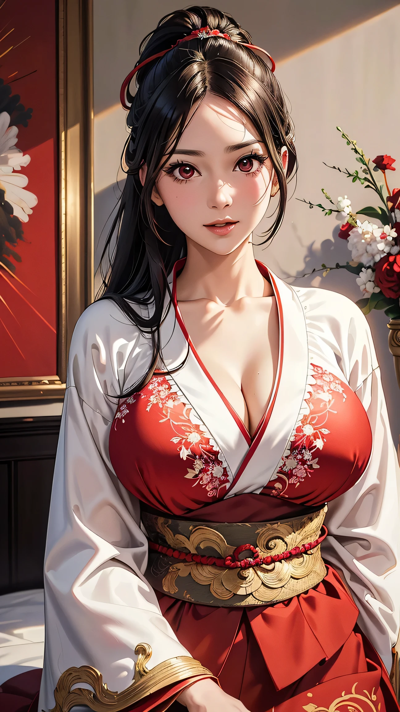 ((Extremely detailed CG unit 8k wallpaper, masterpiece, A high resolution, quality,)), ((one very beautiful woman, of expressions, lush lips, pose like model:1.5, upper part of body, Japanese style short outer box, Japanese design super lost short sleeves,Japanese patterned robe)), (disheveled black hair, White-skinned, small), ((Colorful background pattern, Japanese pattern background, chill, )), Ink painting, hyper realisitc, digitial painting, concept-art,mix4,