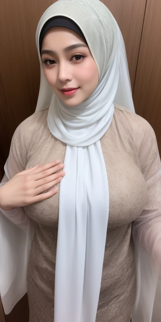 masterpiece, ,(solo:1.1), perfect face, (bright lighting:1.2),beautiful detailed eyes, extremely detailed face, perfect lighting,masterpiece, best quality, ((mature female)), 30yo female, wearing a hijab, frontdoggy, 1girl, 1boy, , hetero, sex, sex from behind, doggystyle,