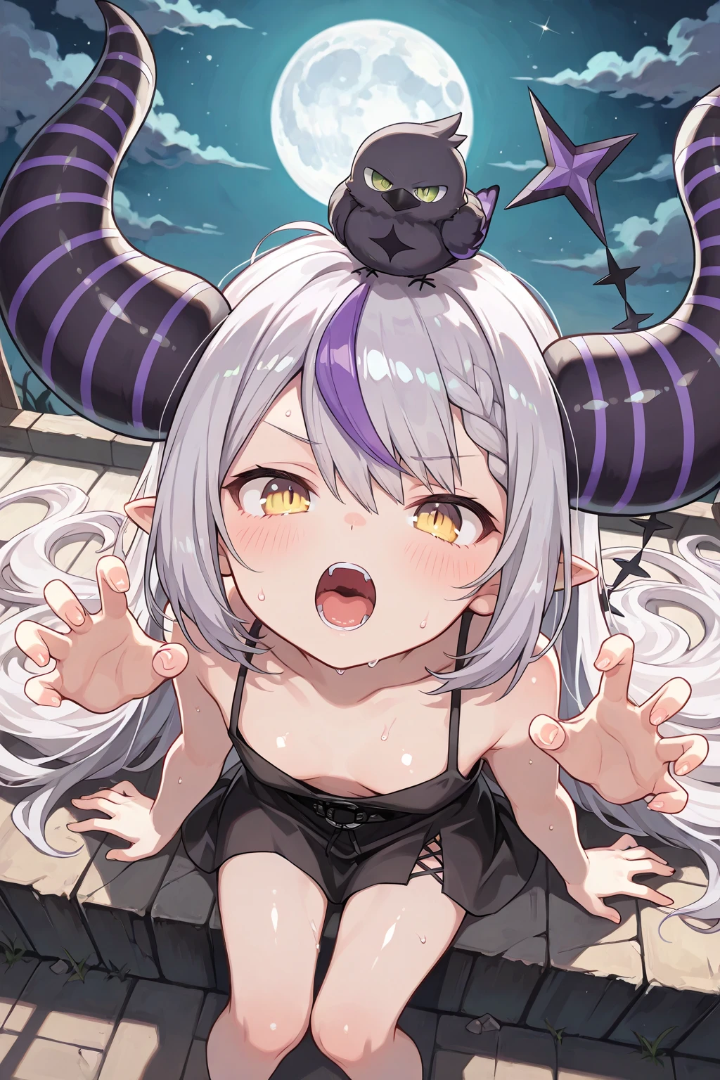 (masterpiece), night, full moon, (crazy, crazy smile, yandere:1.2), 1girl, short hair, bob hair, medium breasts, (heart-shaped pupils:1.3), hands on own face, open mouth, cat ears, (lamia:1.2)