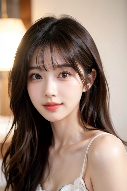on the table, best quality, shape, Ultra Detailed, Finely, high resolution, 8k wallpaper, 完璧なダイナミックな構shape, Beautiful and delicate eyes, Medium Length Hair, Small Breasts, Natural lipstick, Casual sexy pose,Smile,20 year old girl、midnight、Beautiful and detailed face、Perfect beautiful face,big eyes、original photo、Use the whole body to express the feminine posture、Beautiful and delicate eyes、Small face、Beautiful duplex、Facelift and style,skirt、Beautiful golden ratio face,Long hair