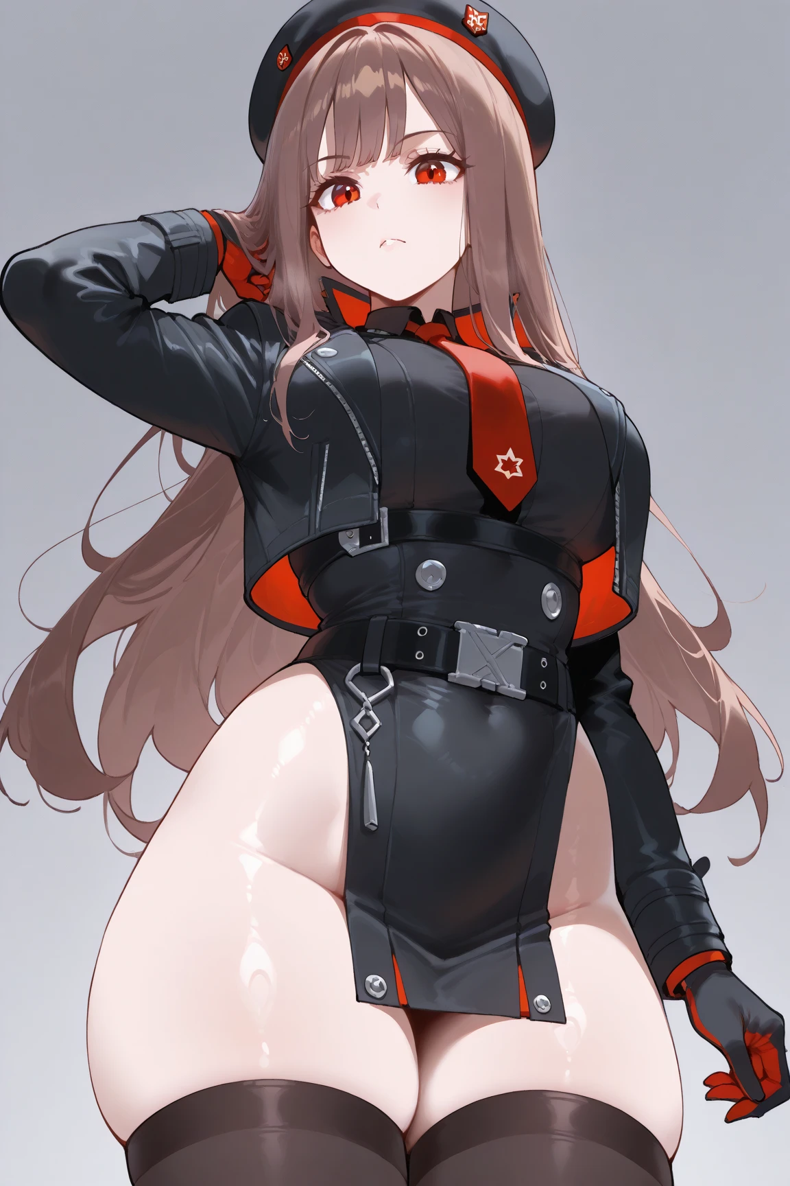 Lapidev, Red eyes, Brown Hair, Long Hair, bangs, beret, Black jacket, Cropped jacket, Red tie, gloves, Black Shirt,
Knee socks,9,score_8_upper,score_7_upper,masterpiece,最High quality,Perfect Anatomy,so beautiful,Official Art,8k,Shiny_skin,fair_skin,white_skin、Thighs:1.8,Large Breasts:2.2,,choker、Blushing, smile, High resolution, Anatomically correct, 最High quality, High-resolution model, High detail, quality, High quality, Ultra high definition, Very detailed, Textured skin, gauze, I-shape balance、Are standing、Character portrait、Standing on one leg、upperげた脚を手で押さえている、脚をupperげている、Angle from the front