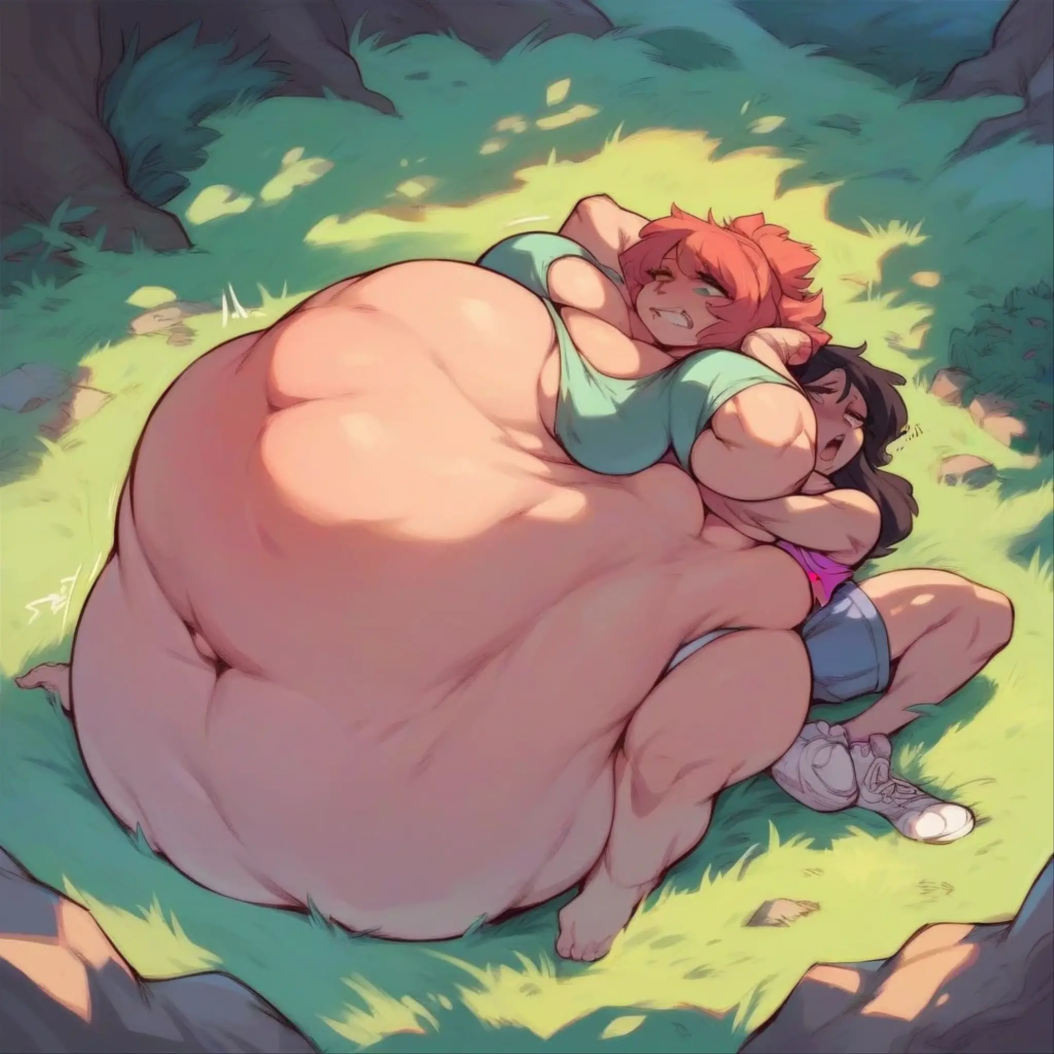 ((masterpiece,best quality)), caroline\(stardew valley\), solo, long loose hair, Green hair, green eyes, @_@, big breasts, topless, green panties, inside, farm bedroom, mega obese, sitting, mom body, fat thighs, stardew valley, sexy, Belly fold, big Belly, fat ass, ahegao, 2 girls