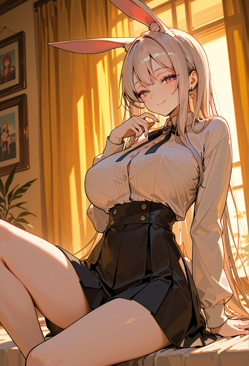 masterpiece, best quality, best lighting, shadows, portrait, perfect anatomy, 1 girl, adult anime girl, 21 years old, allure, erotic, mature features, pretty face, pretty lips, pretty eyes, white wavy hair, red eyes, seductive eyes, blushing, flirty, pretty smile, huge ass, breast, thighs, seductive, spicy, hot, flirty, crop top, tiny skirt, nsfw,