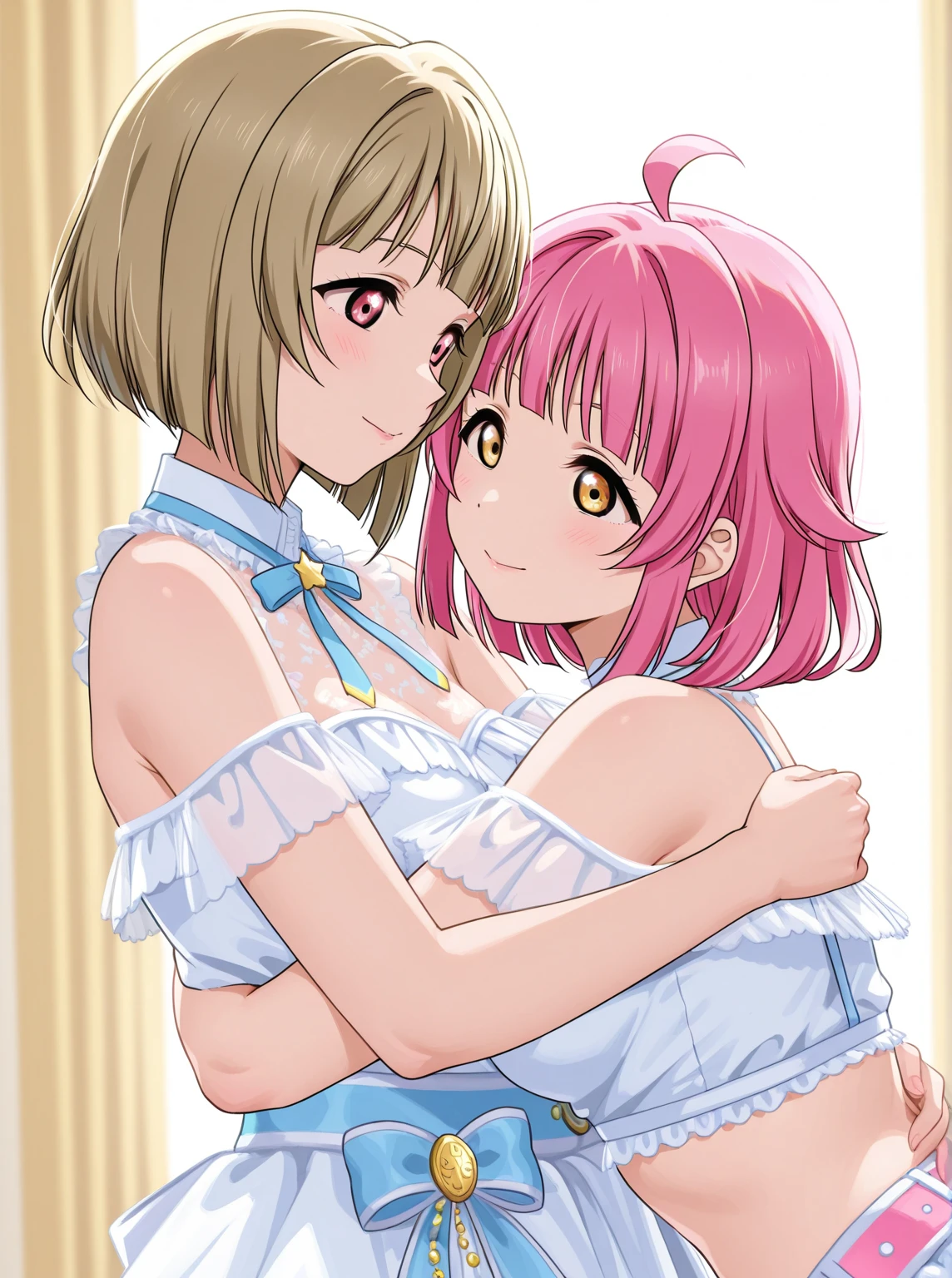 2 girls , Yukinoshita Yukino , yuigahama yui is nice baste, waltz dance , the dress can be rolled up,White silk panties,pink panties,thighs,knees,