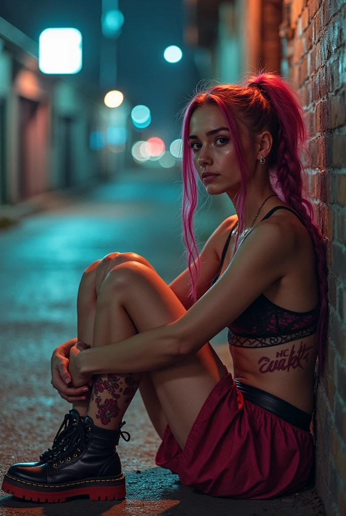 (best quality ,4k, 8k, HD render, masterpiece:1.2), ultra-detailed, (realistic, photorealistic, photo-realistic:1.37), female with glowing red eyes, punk colored hair, fashion photography, full body portrait, urban sprawl, illustration, oppressive atmosphere, vibrant colors, soft lighting, concept art, spiked bat, detailed face