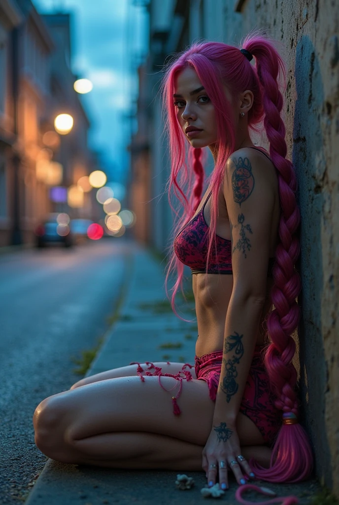 (Realisttic:1.2), Analog photography style, beautiful woman, Posing, long pink braided hair, (cyberpunk dark fantasy atmosphere), Soft natural light, cute and sexy, great quality, masterpiece, detailed strange background, Best Performance, 16k quality, raw photo, in a street, cyberpunk street navel piercings, body piercings, huge safe, pink boots, looks full body, This is perched on a wall with a graffiti that says "until" "Por Bordako" Paint pink and black
