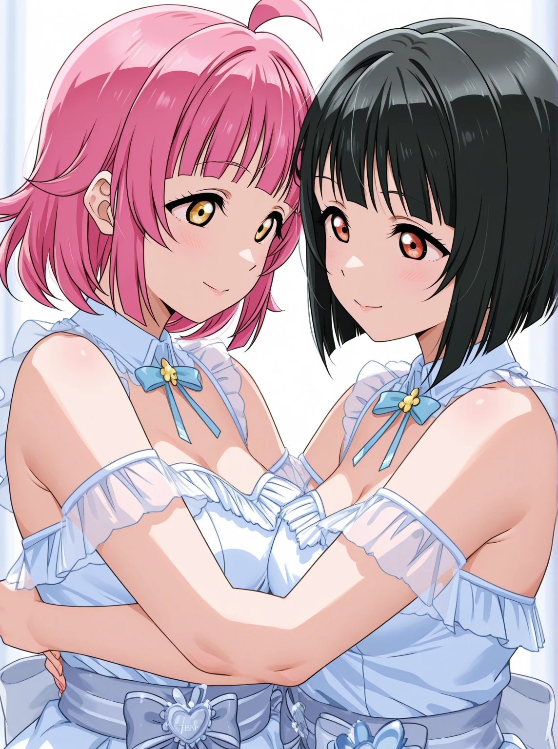 ((2 girls:1.0)), (Yuigahama Yui shapely breasts),(Yukinoshita Yukino),pin up,topless,beautiful nipples,pink lace panties,,Ribbon on panties,light blue panties,thighs ,front,looking at camera,(high angle),smile,Panoramic view of the head,beautiful eyes