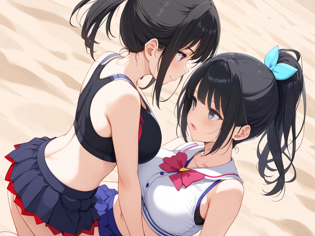 2人の女の子(,young girl ,short stature,gyaru)) ,flat chest,plump,nsfw,,,big head、black hair,long hair,.cheerleader,stand,.shy, sexual ecstasy, blush,striped panty