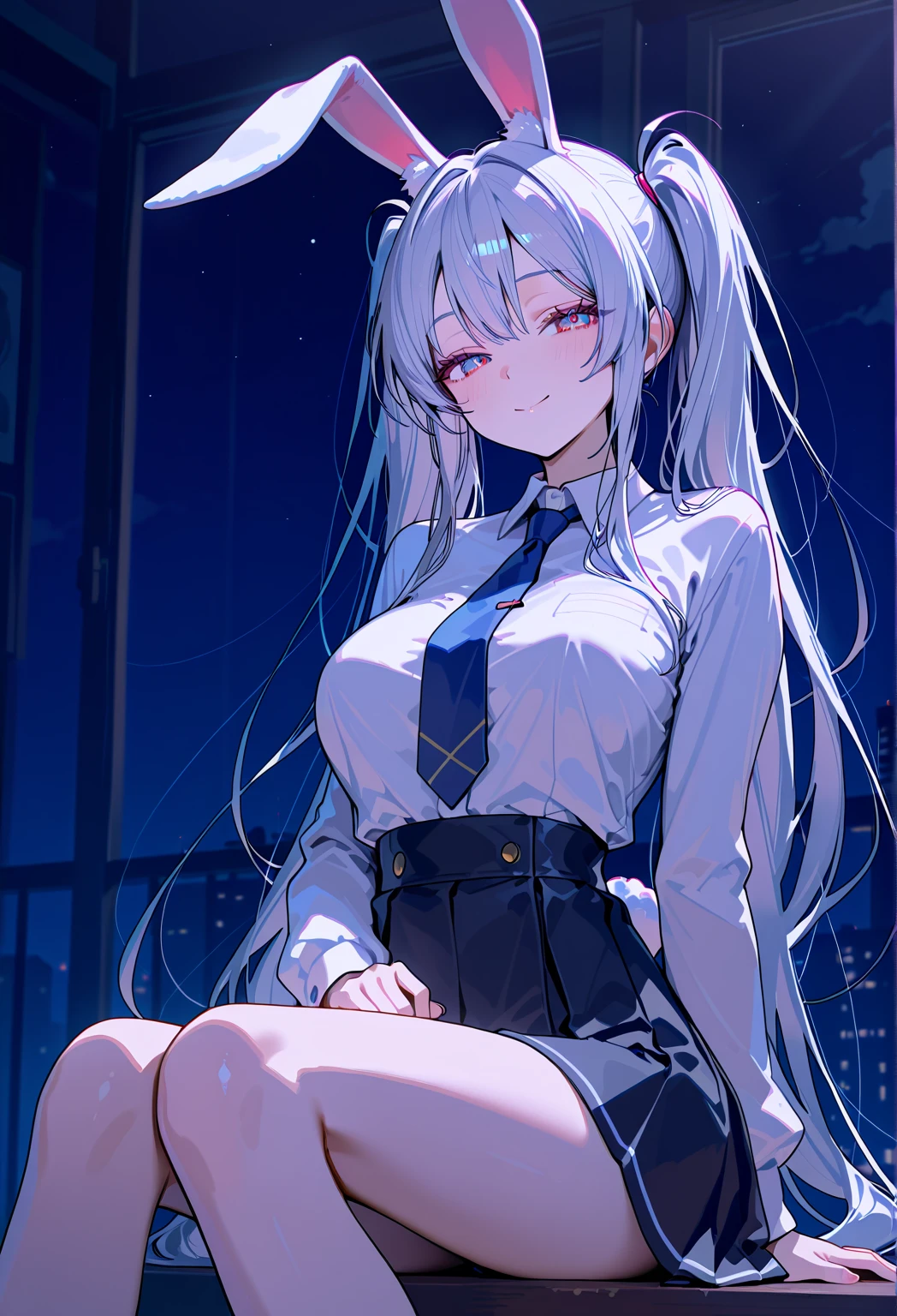 Purple pupils，Lazy expression，Long white hair and white stockings，Cyan and blue clothes，Campus JK