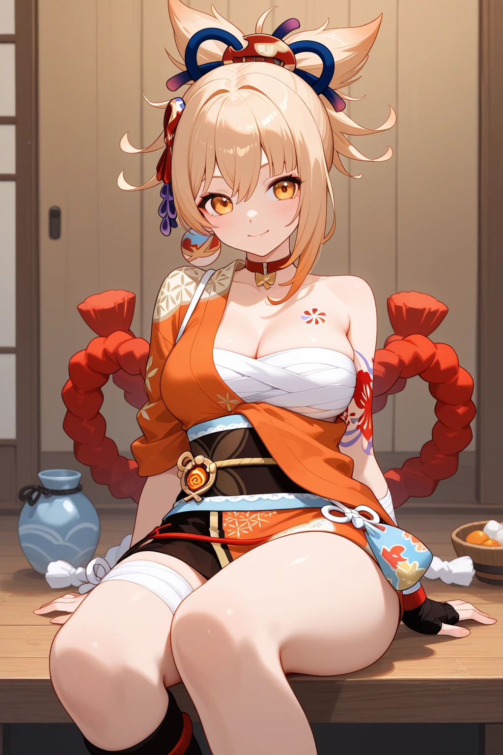 highest quality、smile、Big Breasts、Cleavage、Fox ears、Long blonde、Red Eye、kimono、Japanese-style room、Eating Japanese sweets