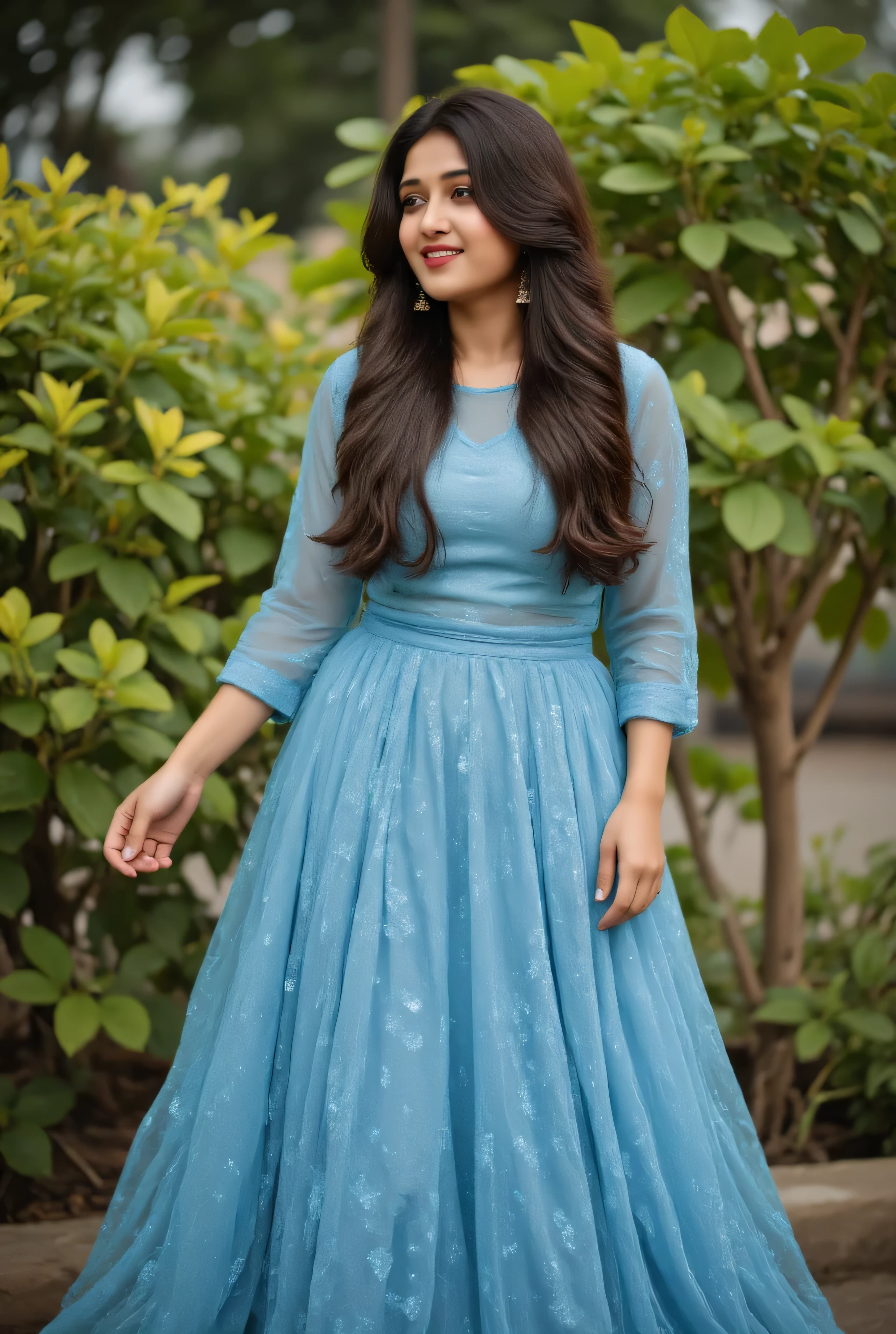 "A beautiful young Indian big breast wooman standing outdoors in front of lush green trees, wearing a flowing blue multi layer gown with three-quarter sleeves. Her hair is styled in a thick side braid, and she is smiling gently with a cheerful expression. She is wearing traditional earrings, and the dress flares out gracefully as she slightly twirls. The background is vibrant and natural, adding a fresh and lively feel to the scene."